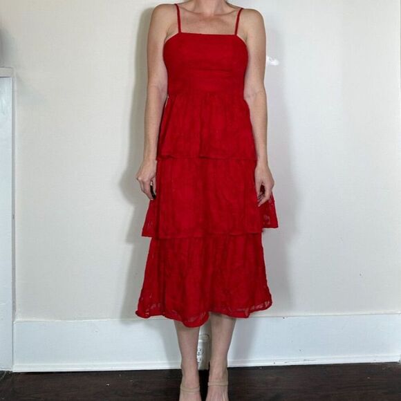 Lulus Grace and Beauty Red Burnout Floral Print Tiered Dress Size XS - Picture 4 of 7